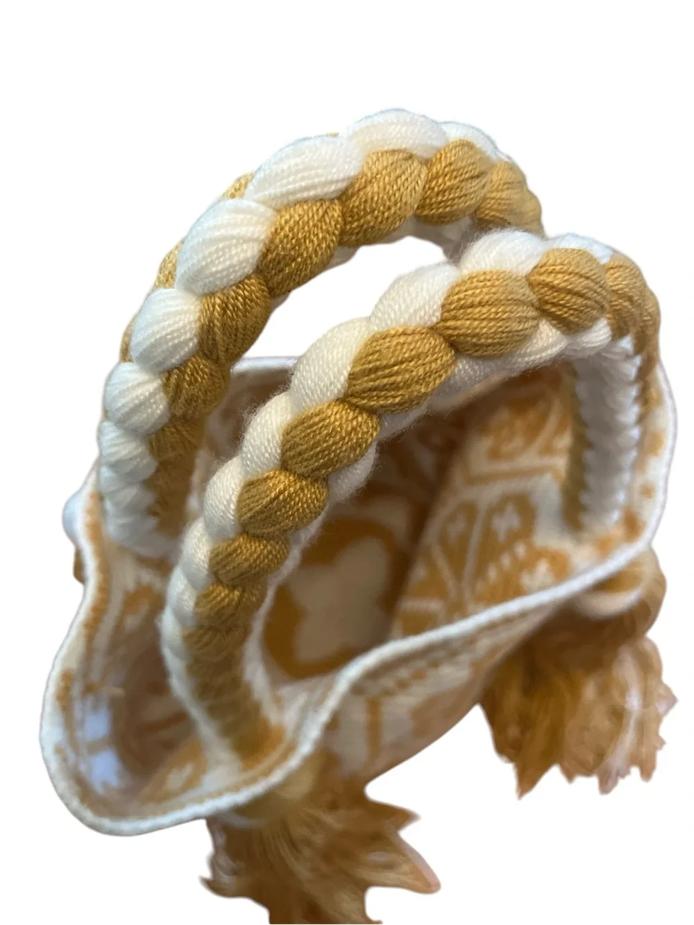 Wayuu Mochila bag Handwoven Tote Bag Cream & Mustard floral & Tassel design.